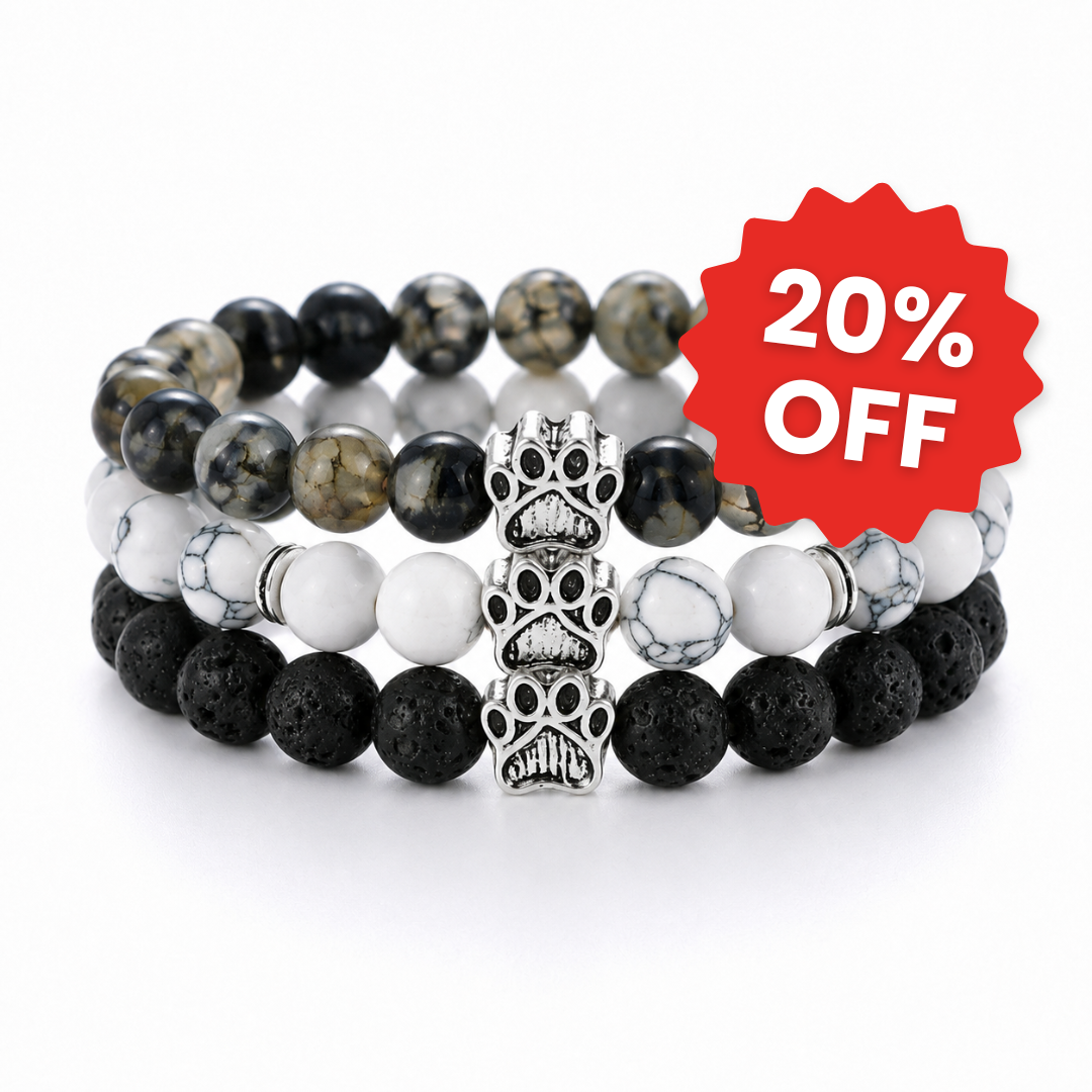 Cedar, Arctic & Lava Natural Stone Bead Bracelet Trio | Paw Charm | Rescue Charity