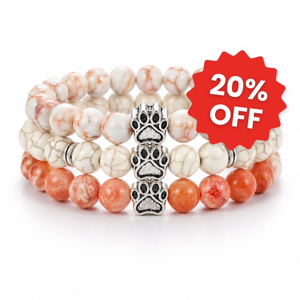 Pearl, Brume & Sunrise Natural Stone Bead Bracelet Trio | Paw Charm | Rescue Charity