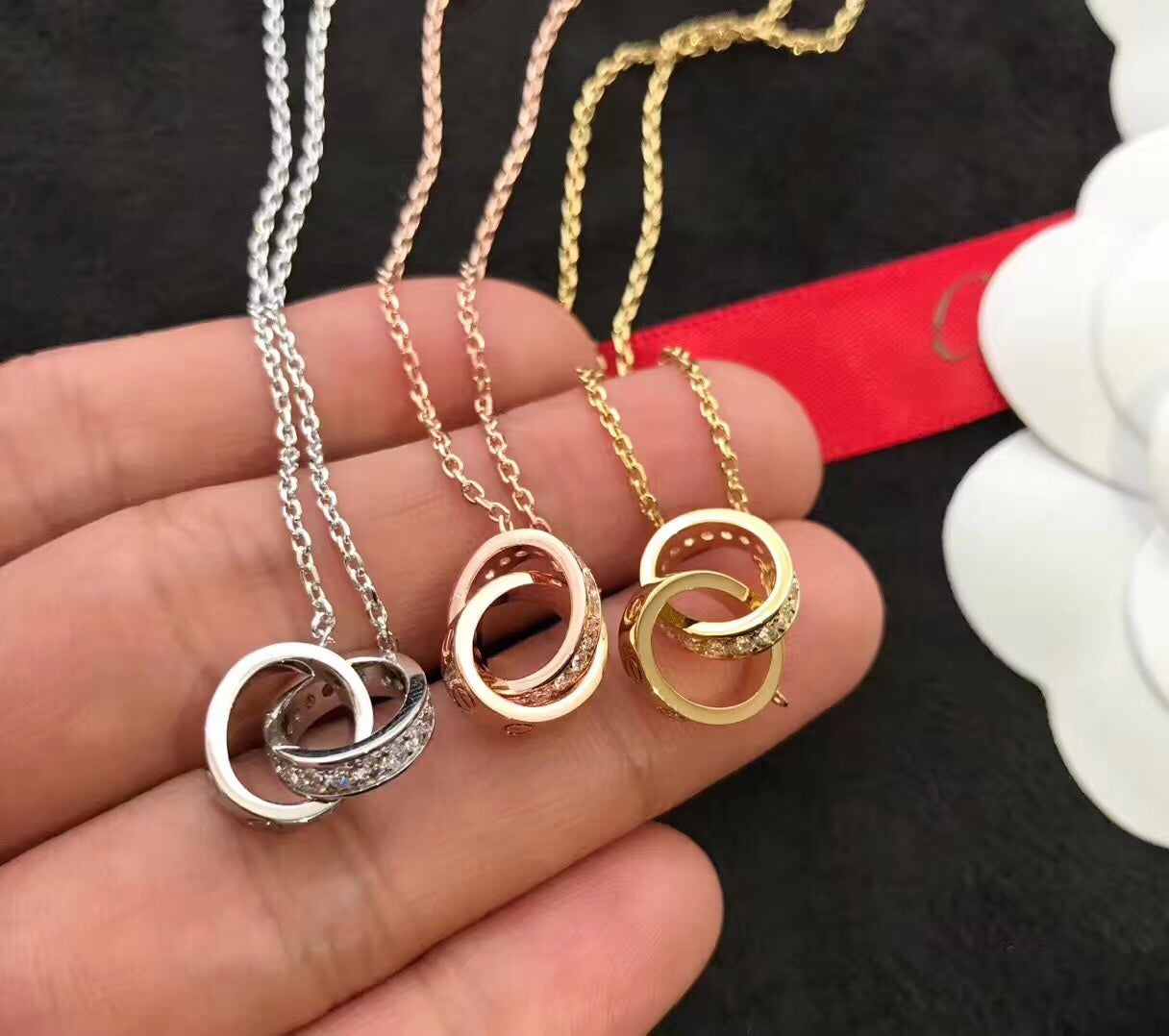 Double-Ring Motif Pendant Necklace in Gold-Tone with Crystal-Style Accents – Design 01 styled view