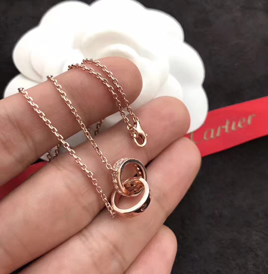 Double-Ring Motif Pendant Necklace in Gold-Tone with Crystal-Style Accents – Design 01 main product view
