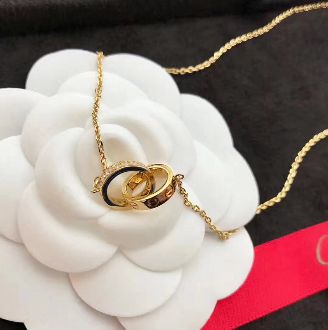 Double-Ring Motif Pendant Necklace in Gold-Tone with Crystal-Style Accents – Design 01 close-up detail