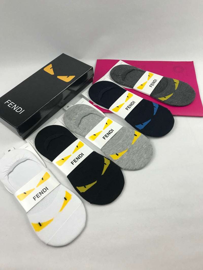Fendi Visible Colour, Cuff And Emblem Details No-Show Socks - 5-Pair Set