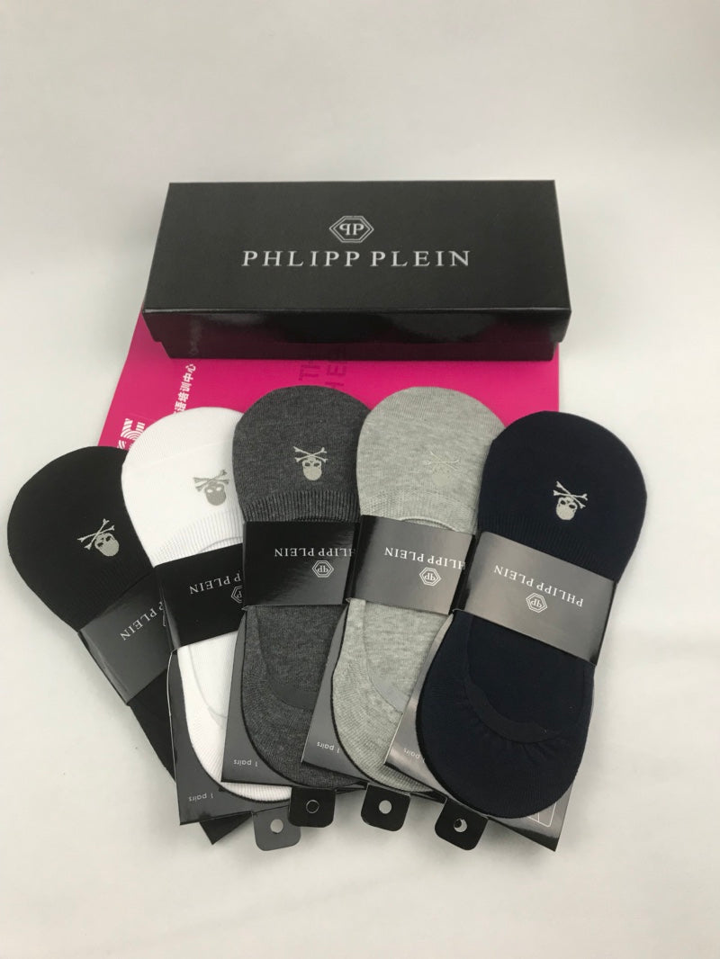 Philipp Plein Cotton Visible Colour, Cuff And Emblem Details No-Show Socks - 5-Pair Set