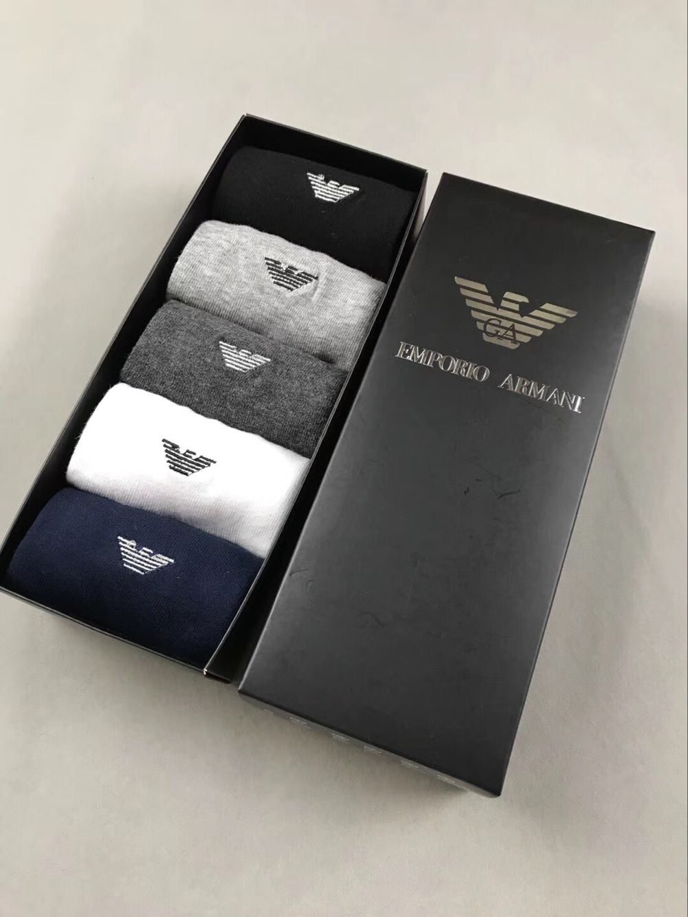 Armani Cotton Visible Cuff, Colour And Emblem Details Crew Socks - 5-Pair Set