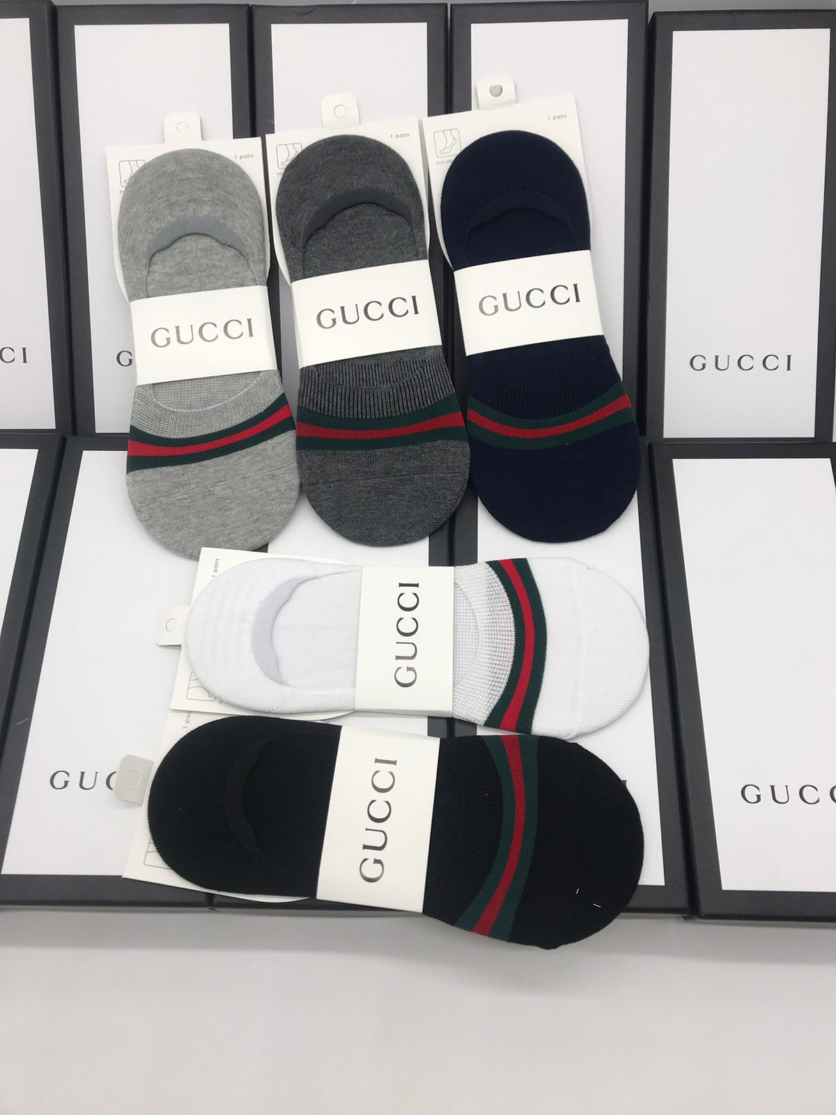 Gucci Cotton Visible Colour, Cuff And Emblem Details No-Show Socks - 5-Pair Set