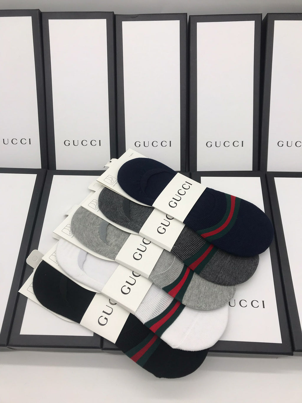 Gucci Cotton Visible Colour, Cuff And Emblem Details No-Show Socks - 5-Pair Set