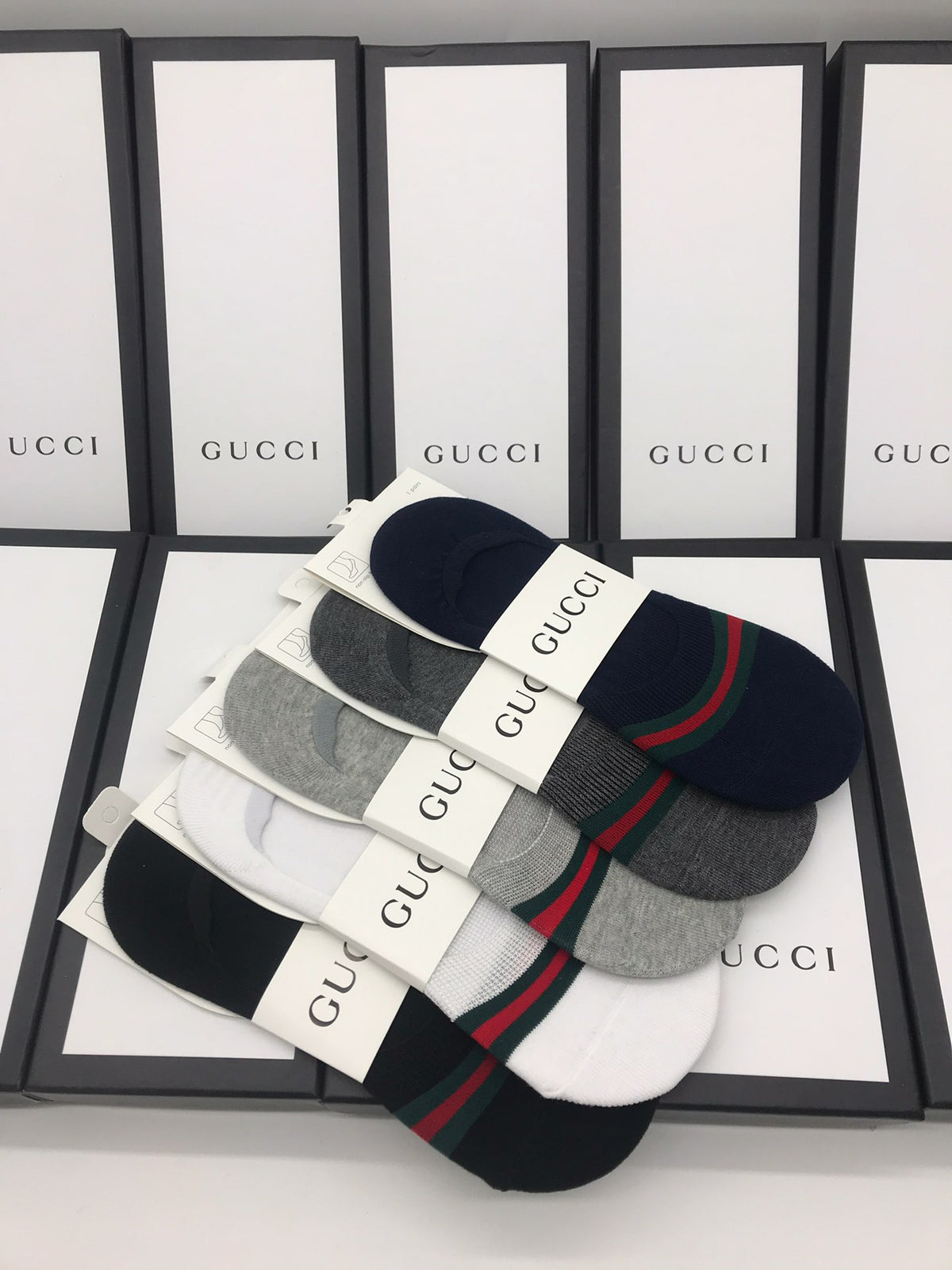 Gucci Cotton Visible Colour, Cuff And Emblem Details No-Show Socks - 5-Pair Set