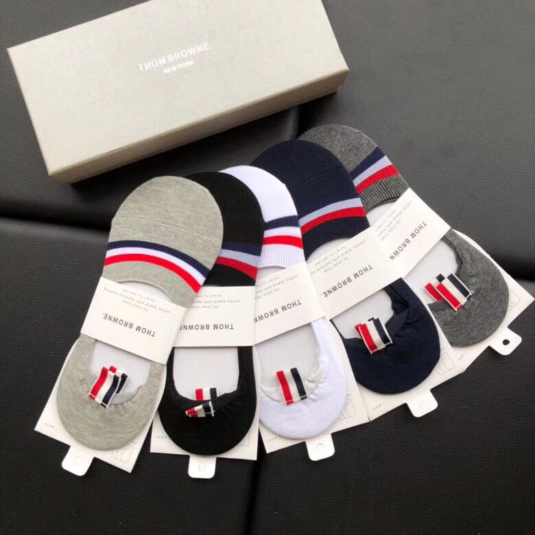 Thom Browne Cotton Visible Colour, Cuff And Emblem Details No-Show Socks - 5-Pair Set