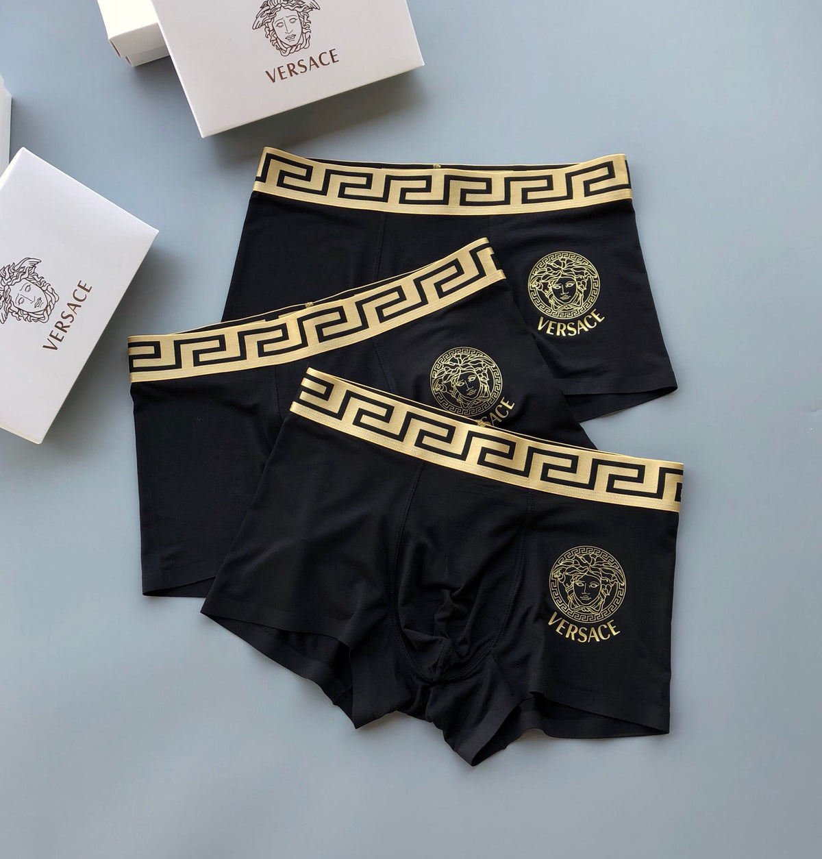 Versace Gold-Tone Greek-Key Waistbands And Medallion Details Men's Boxer Briefs - 3-Piece Box