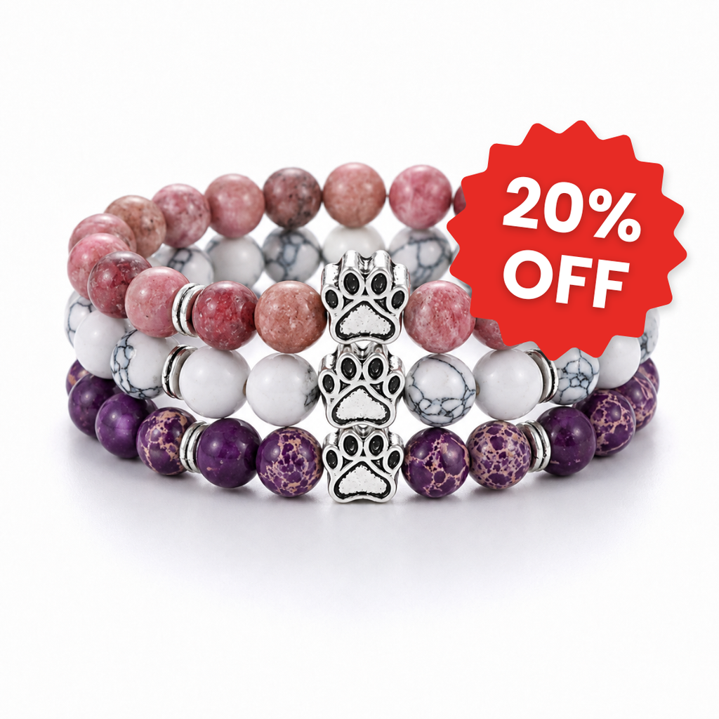 Blossom, Arctic & Mystic Natural Stone Bead Bracelet Trio | Paw Charm | Rescue Charity