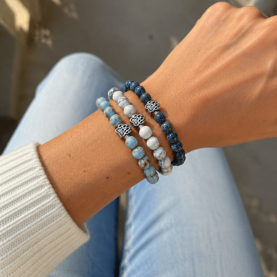 Ocean, Arctic & Lagoon Natural Stone Bead Bracelet Trio | Paw Charm | Rescue Charity