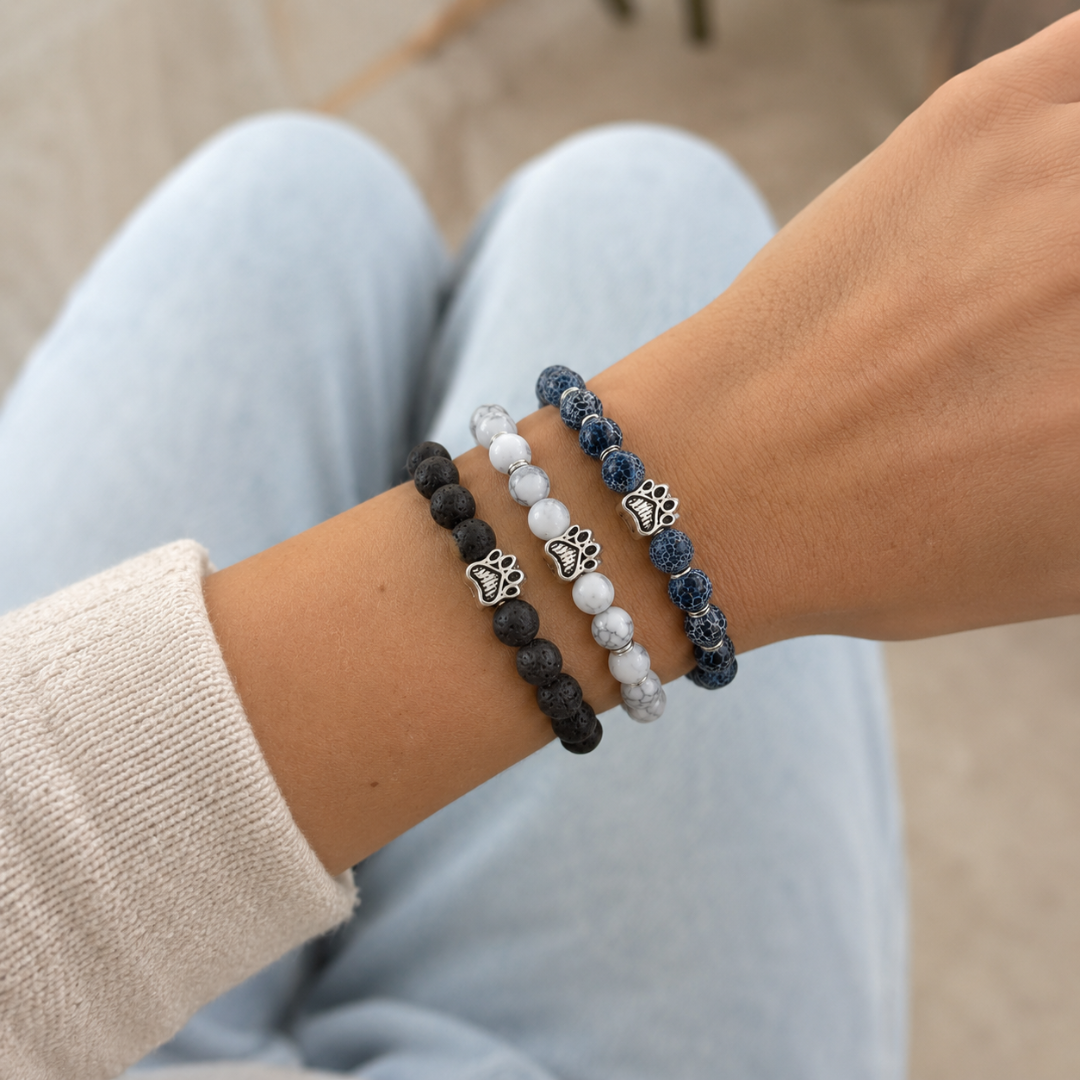 Ocean, Arctic & Lava Natural Stone Bead Bracelet Trio | Paw Charm | Rescue Charity