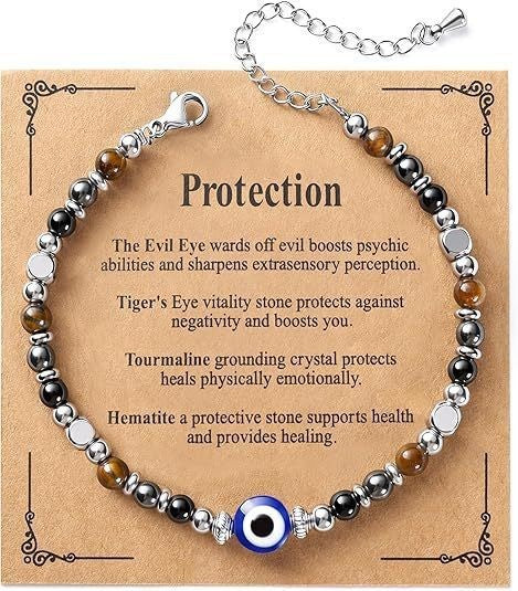 Evil Eye Fivefold Protection Bracelet | 5 Natural Crystals | Adjustable Wax Rope