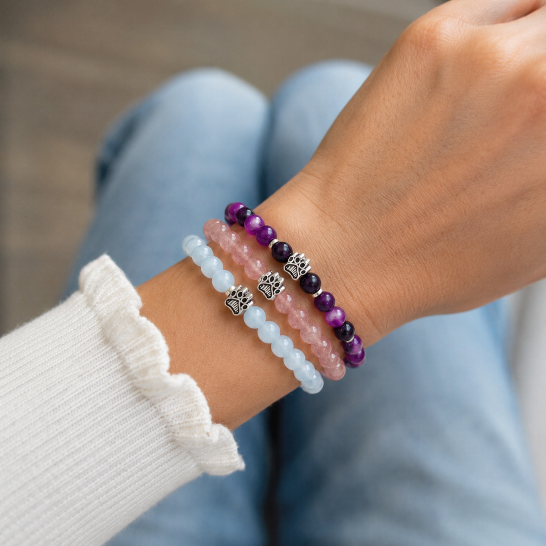 Love, Moonlight & Majestic Natural Stone Bead Bracelet Trio | Paw Charm | Rescue Charity