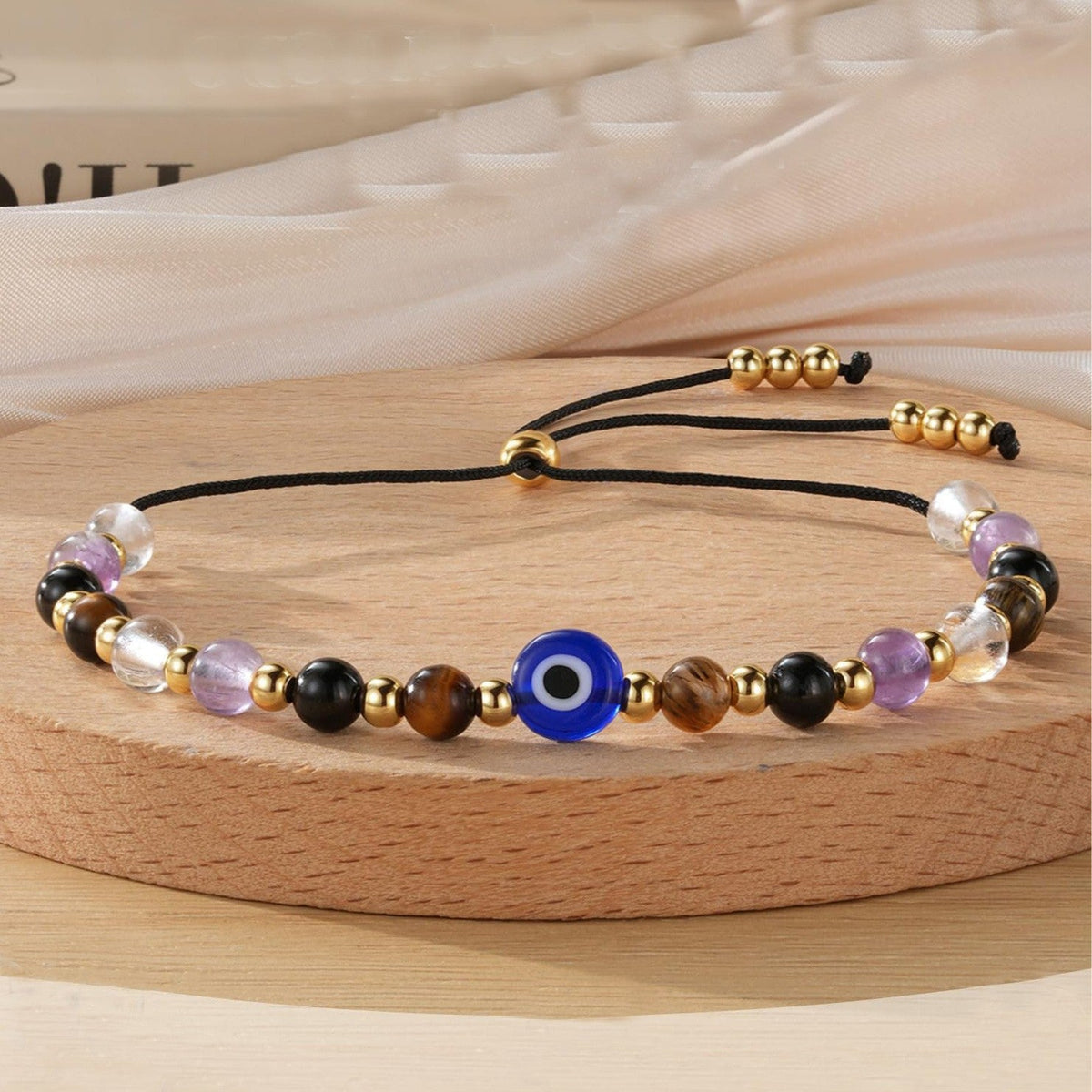 Evil Eye Fivefold Protection Bracelet | 5 Natural Crystals | Adjustable Wax Rope | Spiritual Gift