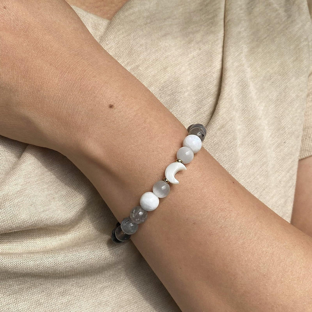 New Moon New Beginnings Bracelet | Moonstone Labradorite Black Obsidian | Crescent Moon Charm | New Chapter Gift