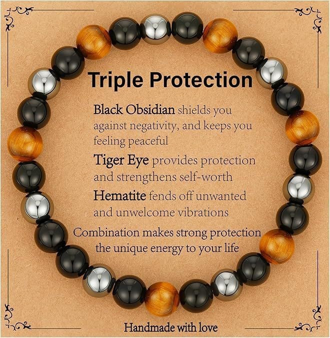 Triple Protection Bracelet | Black Obsidian Tiger Eye Hematite | 8mm Natural Stone | Spiritual Shield Gift