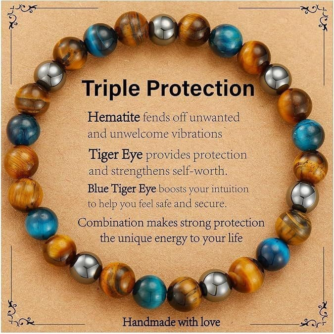Triple Protection Bracelet | Black Obsidian Tiger Eye Hematite | 8mm Natural Stone | Spiritual Shield Gift
