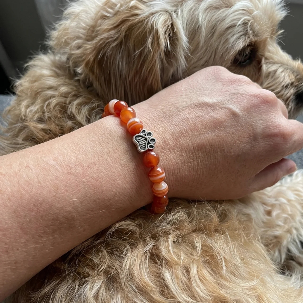 Amber Orange Striped Agate Bead Bracelet | Silver Paw Charm | Rescue Charity