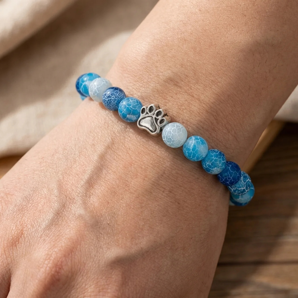 Cascade Blue Dragon Vein Agate Bead Bracelet | Silver Paw Charm | Rescue Charity