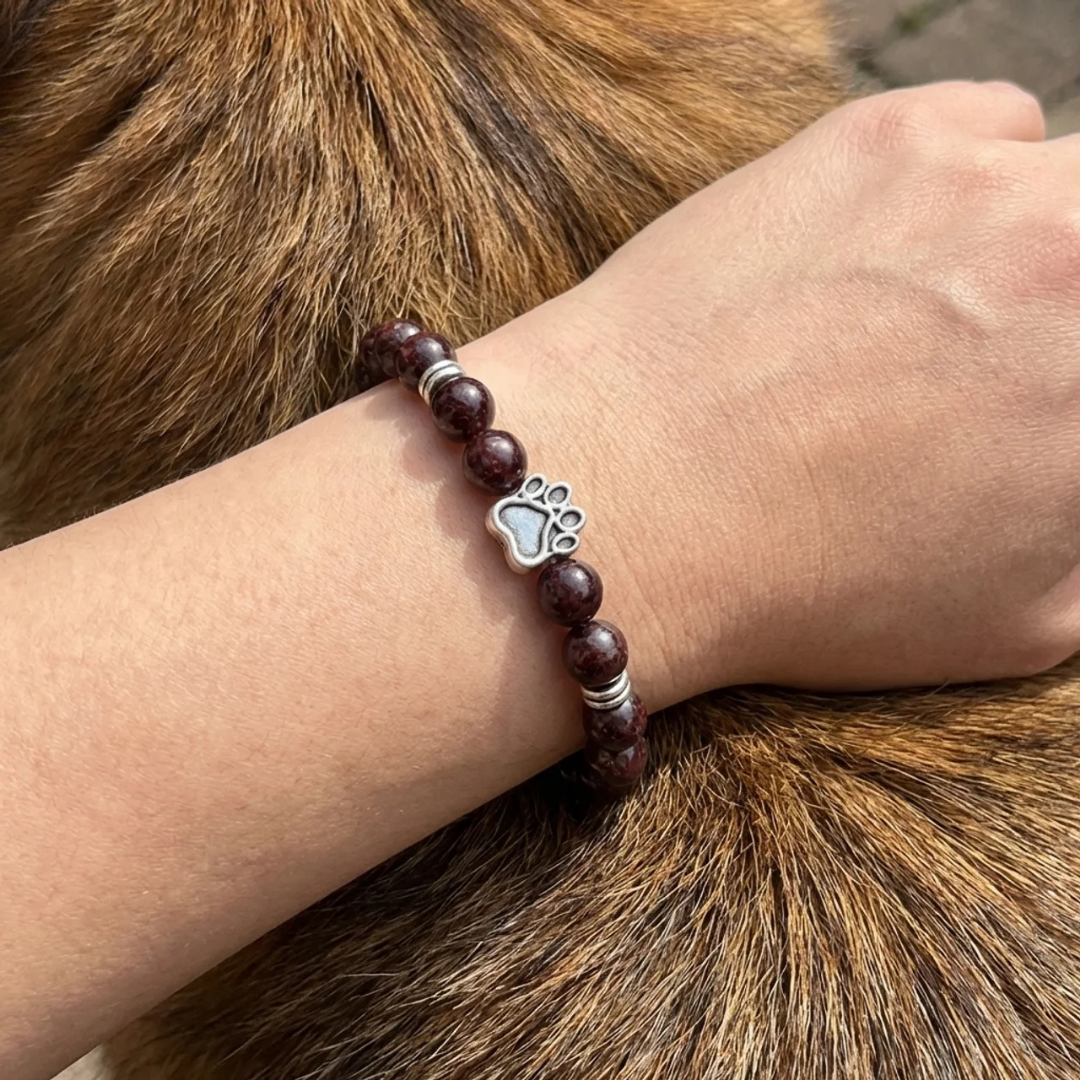 Garnet Natural Dark Red Stone Bead Bracelet | Silver Paw Charm | Rescue Charity