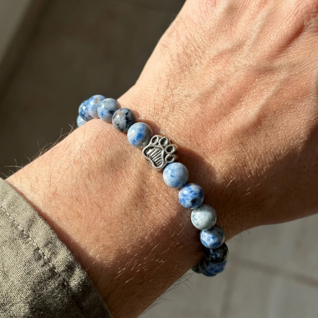 Horizon Blue Spot Jasper Bead Bracelet | Silver Paw Charm | Rescue Charity