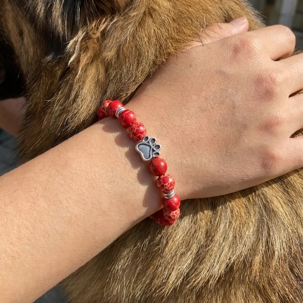 Magma Red Imperial Jasper Bead Bracelet | Silver Paw Charm | Rescue Charity
