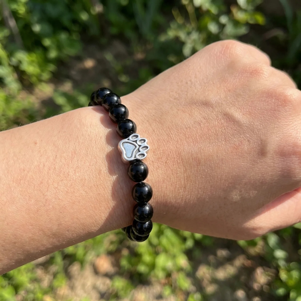 Onyx Black Agate Bead Bracelet | Silver Paw Charm | Rescue Charity