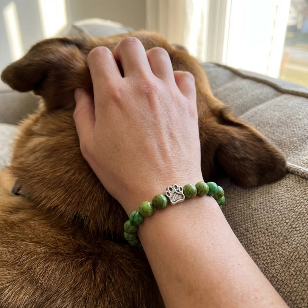 Sage Green Marble Jade Bead Bracelet | Silver Paw Charm | Rescue Charity