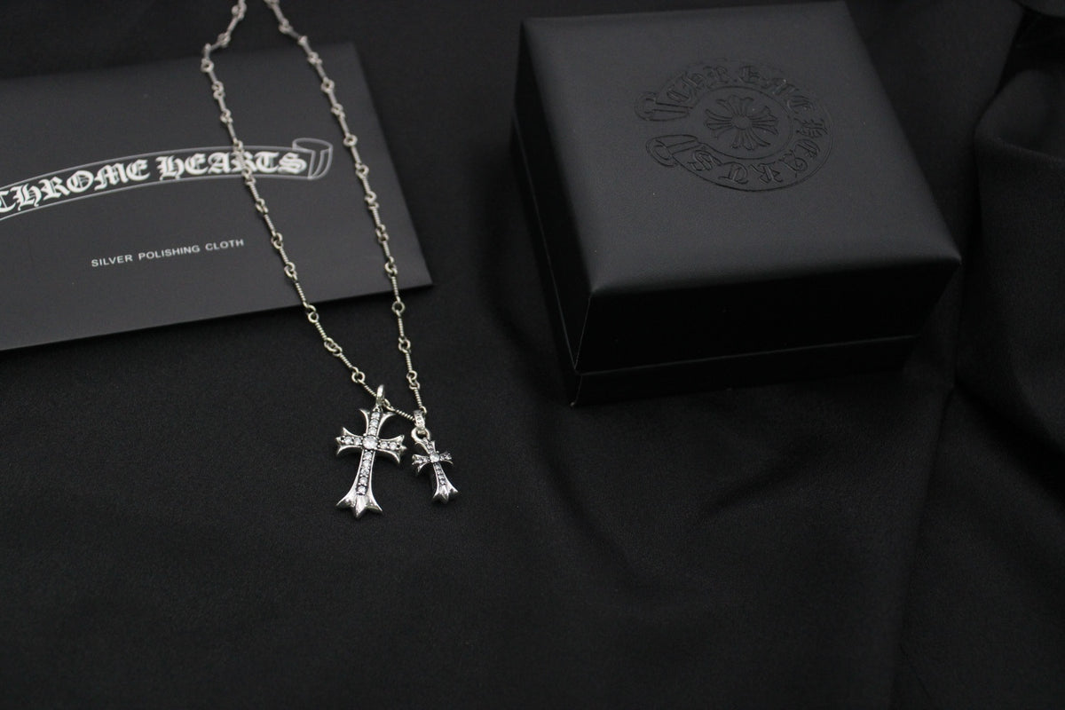 Double Cross Pendant Necklace in Antique Silver-Tone front product view