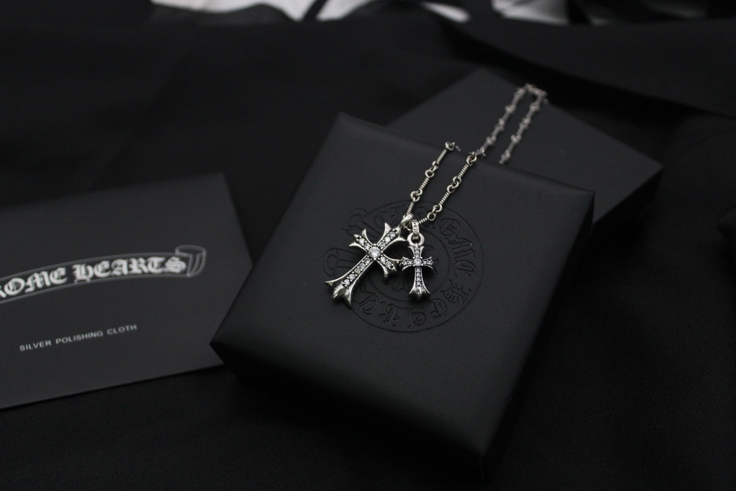 Double Cross Pendant Necklace in Antique Silver-Tone detail view