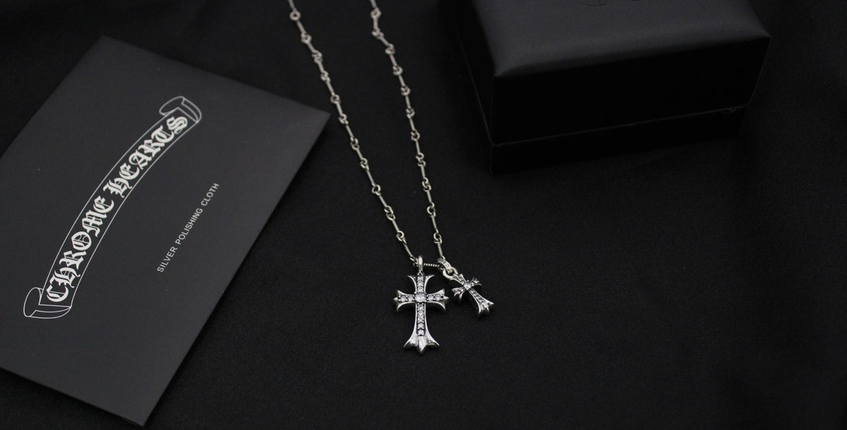 Double Cross Pendant Necklace in Antique Silver-Tone side detail