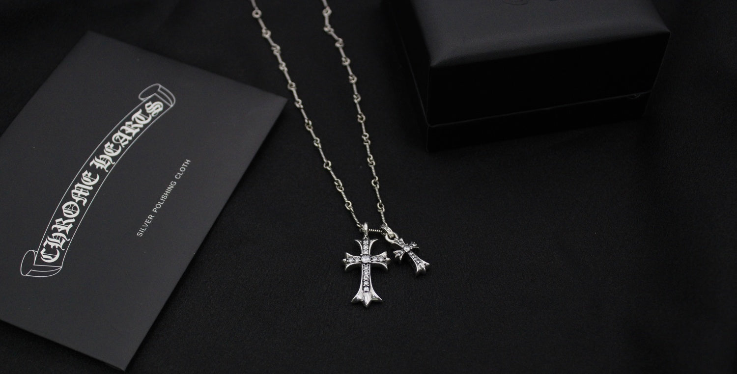 Double Cross Pendant Necklace in Antique Silver-Tone side detail