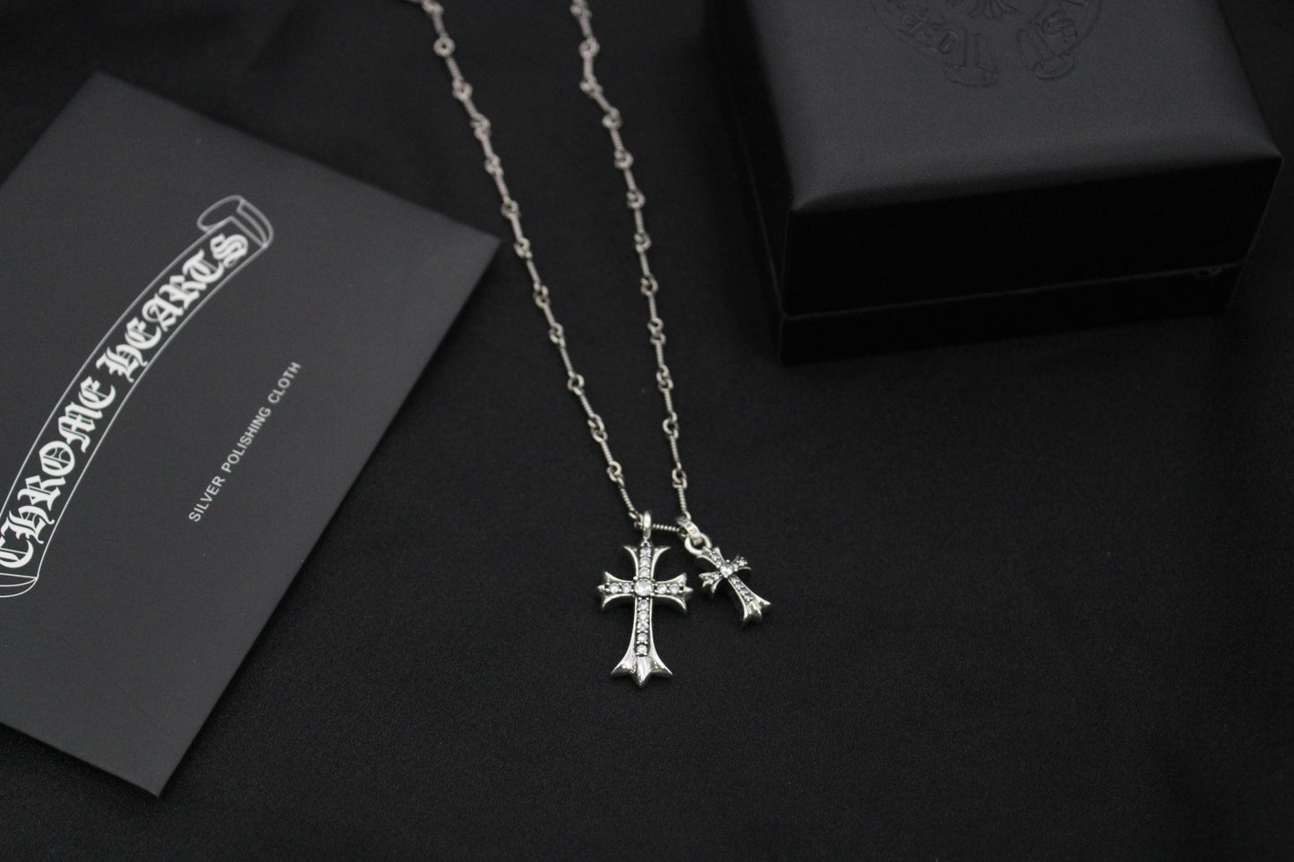 Double Cross Pendant Necklace in Antique Silver-Tone close-up detail