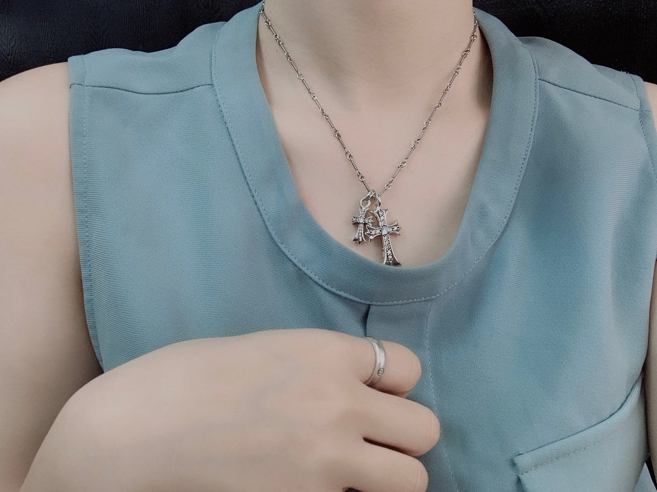 Double Cross Pendant Necklace in Antique Silver-Tone styled product view