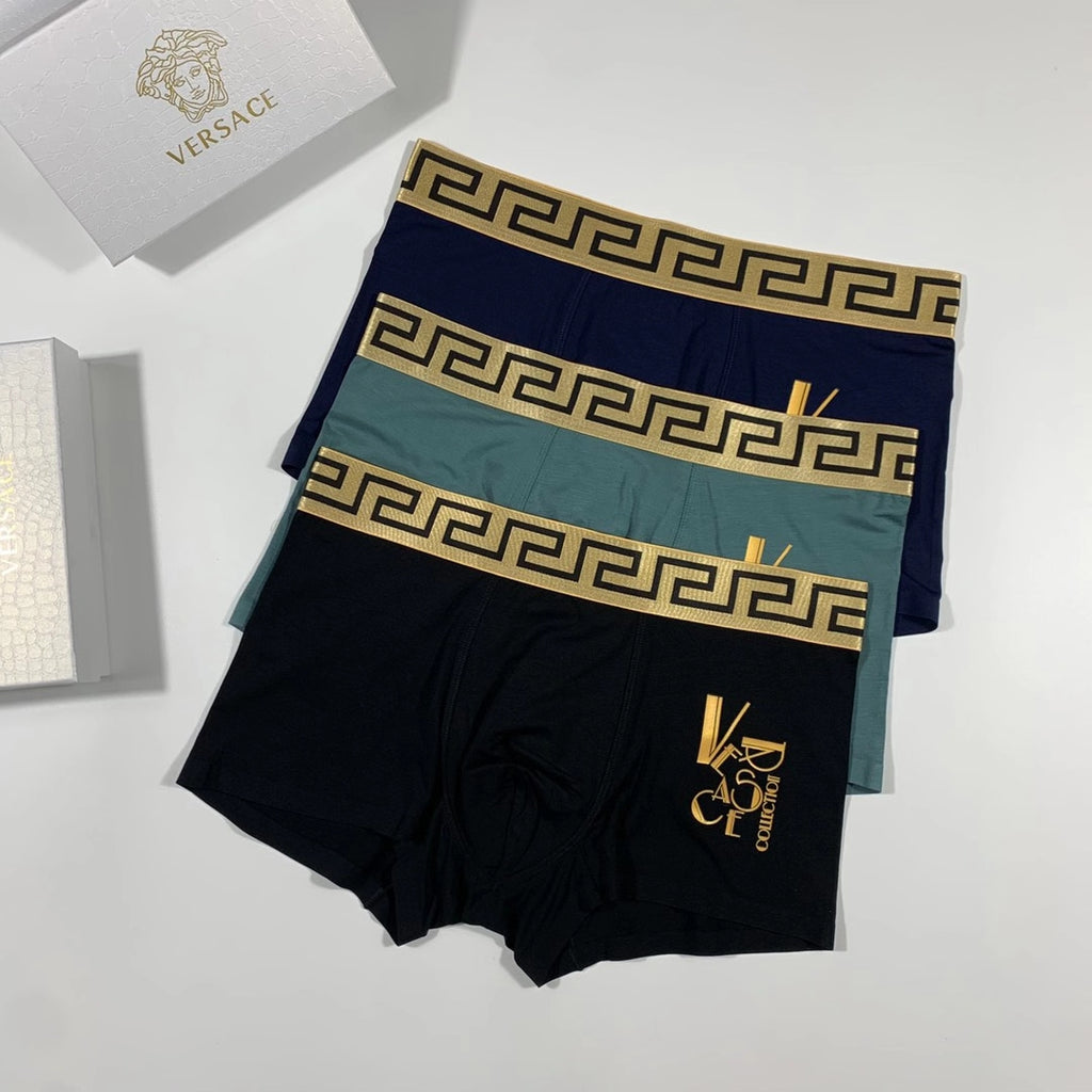 Versace Greek-Key Waistbands And Gold-Tone Lettering Men's Boxer Briefs - 3-Piece Box
