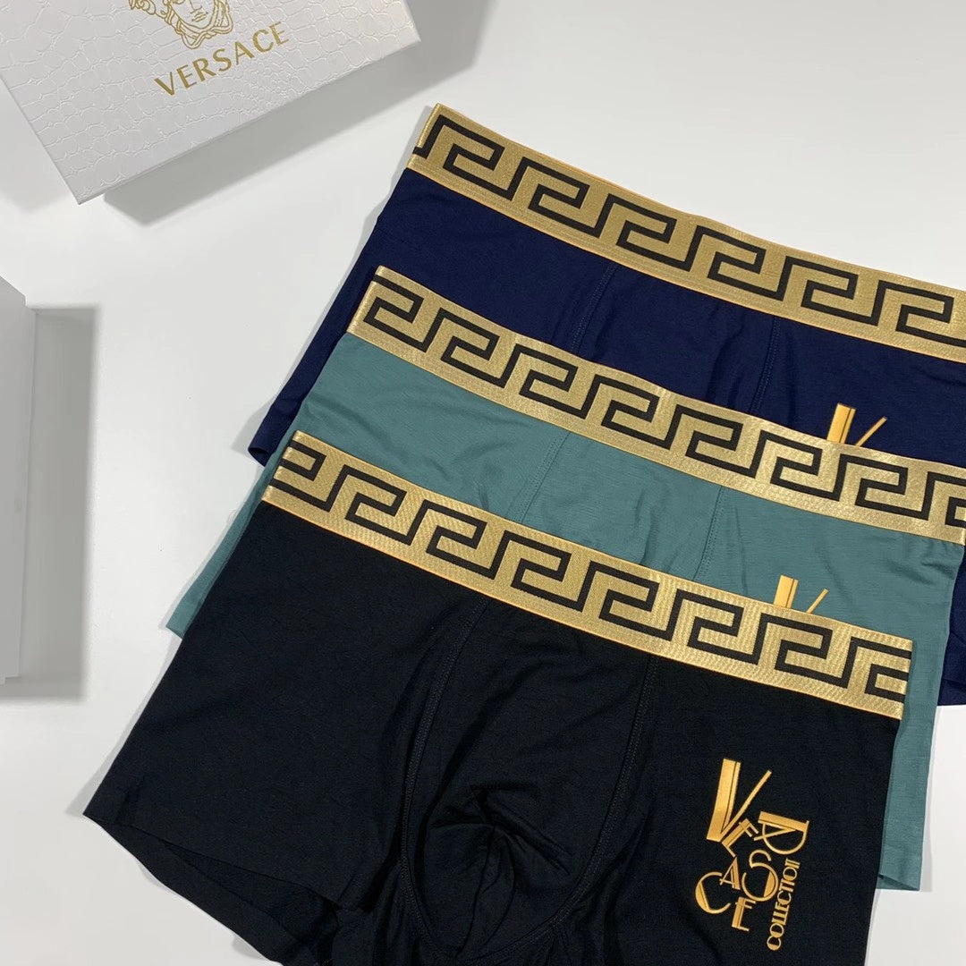 Versace Greek-Key Waistbands And Gold-Tone Lettering Men's Boxer Briefs - 3-Piece Box