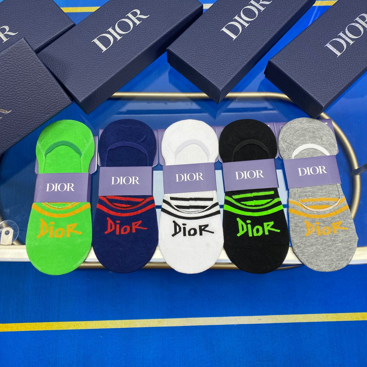 Dior Cotton Visible Colour, Cuff And Emblem Details No-Show Socks - 5-Pair Set