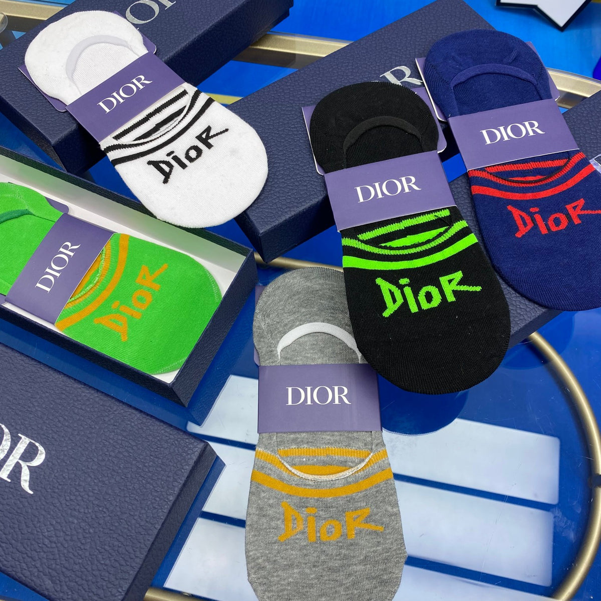Dior Cotton Visible Colour, Cuff And Emblem Details No-Show Socks - 5-Pair Set