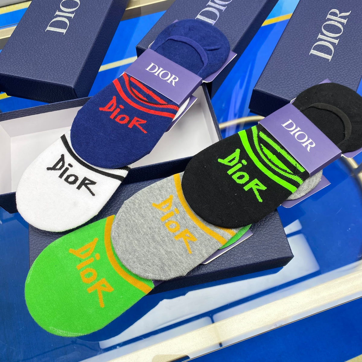 Dior Cotton Visible Colour, Cuff And Emblem Details No-Show Socks - 5-Pair Set