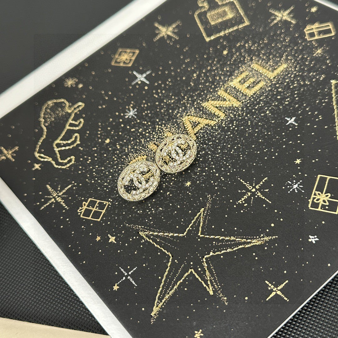 Double-C Emblem Stud Earrings in Polished Metal-Tone – Design 035 front product view