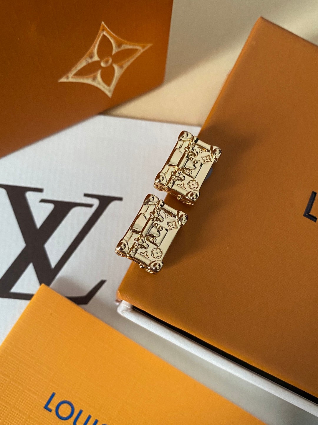 Geometric Emblem Stud Earrings in Gold-Tone – Design 042 front product view