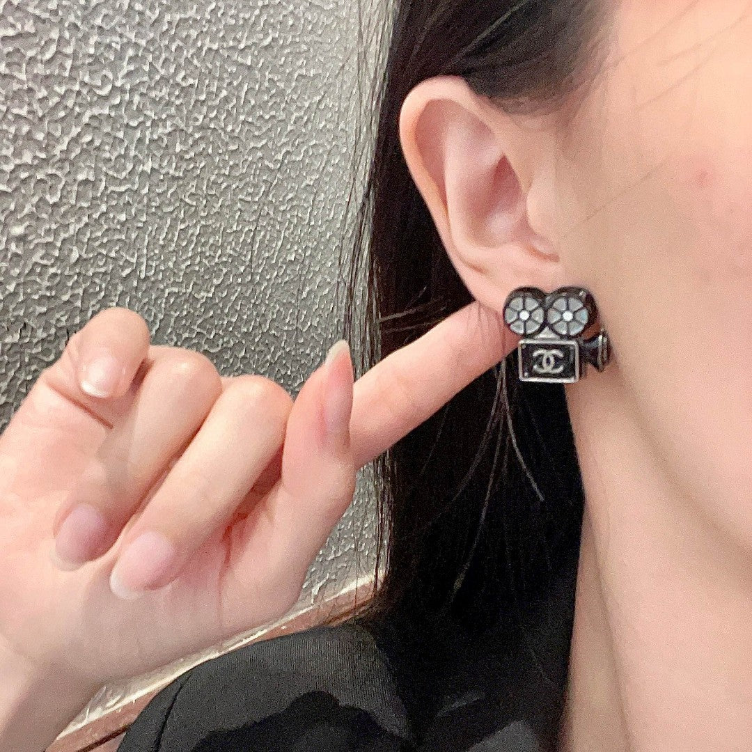 Double-C Emblem Stud Earrings in Black-Tone – Black Detail – Design 003 front product view
