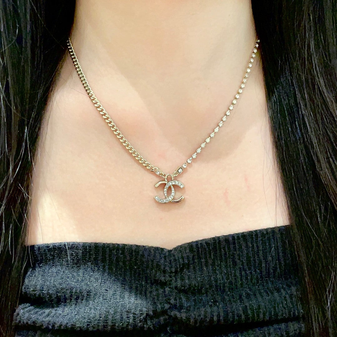 Double-C Emblem Crystal-Accent Pendant Necklace – Design 048 detail view