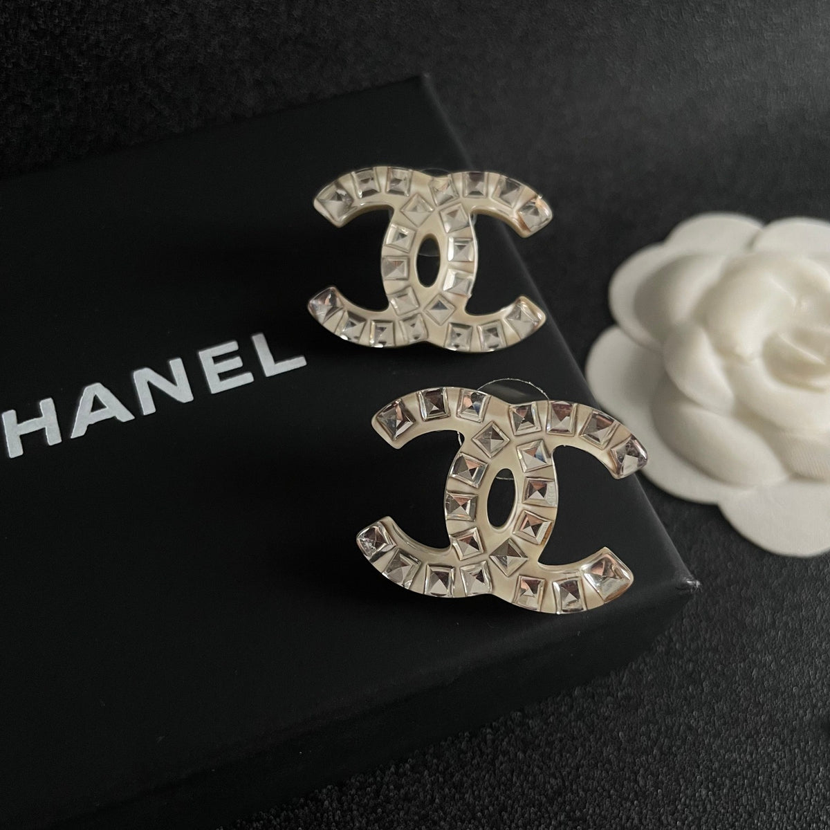 Double-C Emblem Crystal-Accent Stud Earrings – Design 057 detail view