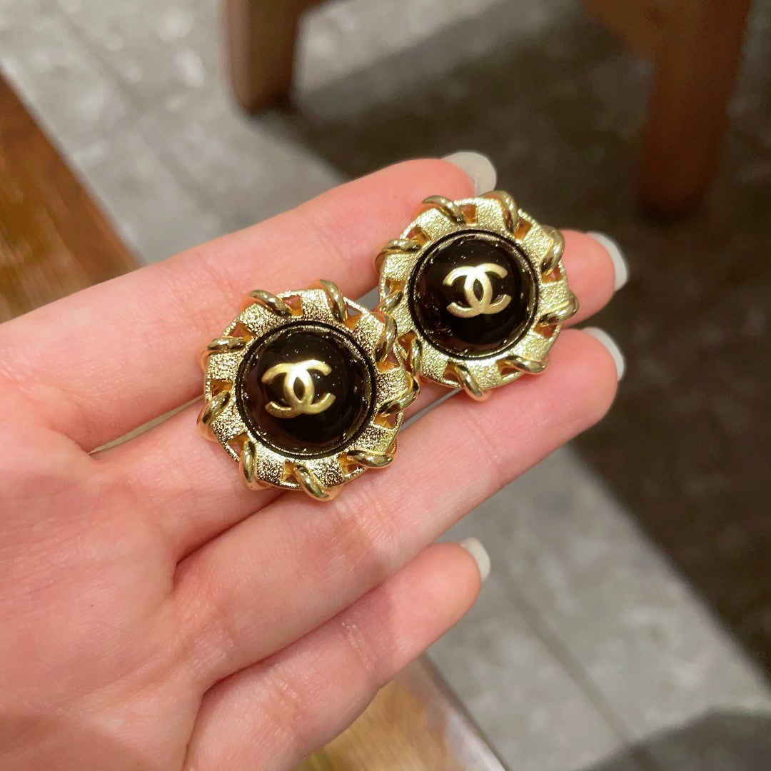Double-C Emblem Stud Earrings in Polished Metal-Tone – Design 376 side detail
