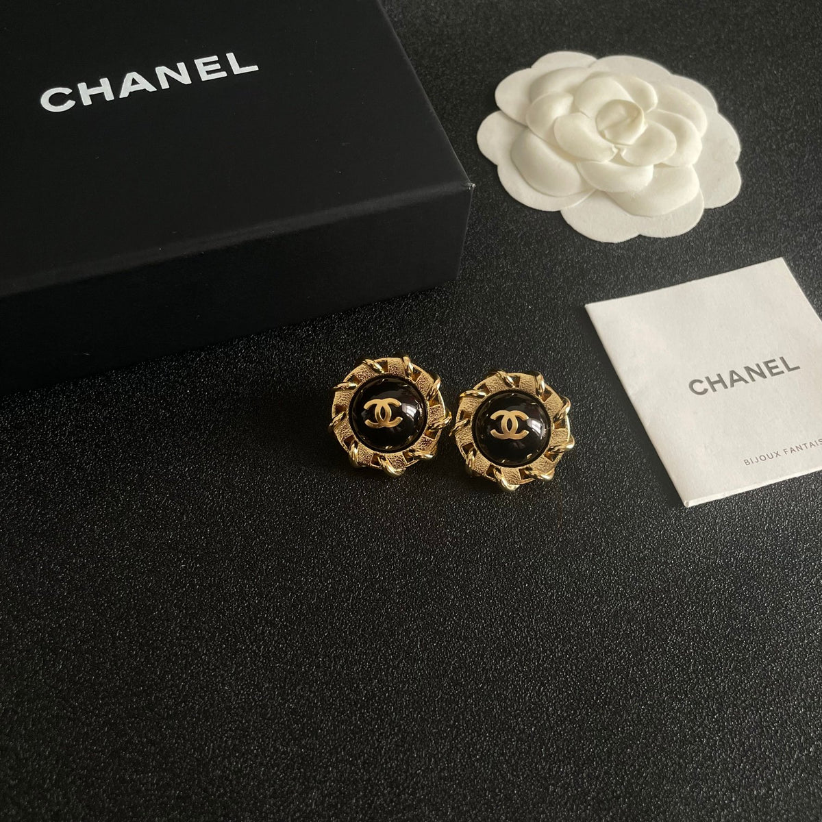 Double-C Emblem Stud Earrings in Polished Metal-Tone – Design 376 styled product view