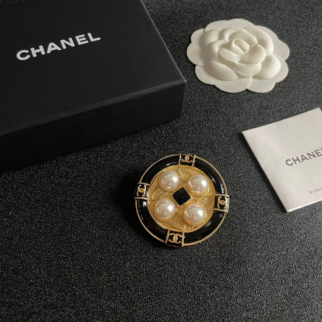 Double-C Emblem Brooch in Polished Metal-Tone – Pearl Detail – Design 010 styled product view
