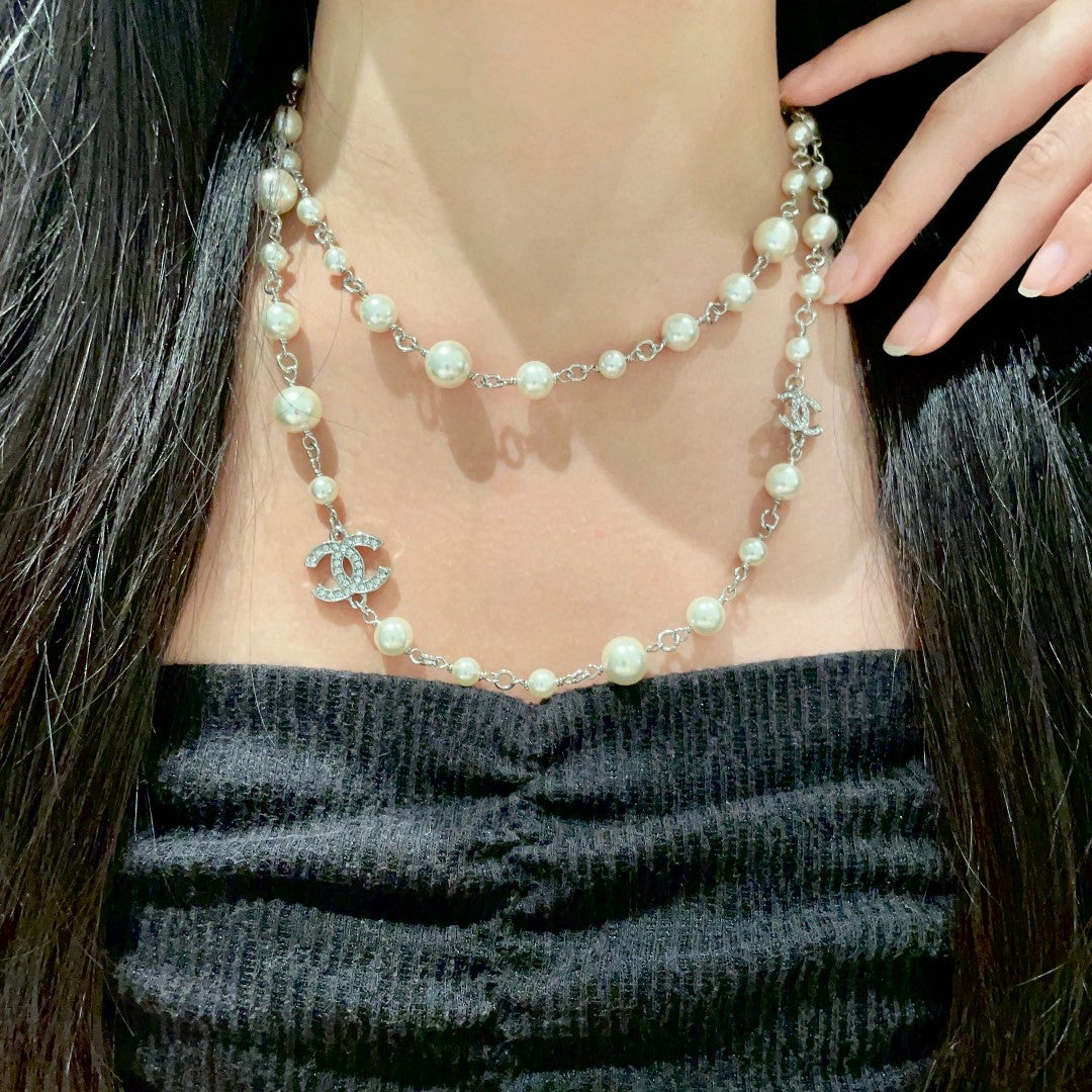 Double-C Emblem Pearl-Detail Pendant Necklace – Pearl Detail – Design 115 main product view