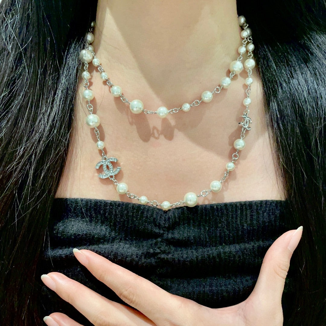 Double-C Emblem Pearl-Detail Pendant Necklace – Pearl Detail – Design 115 front product view